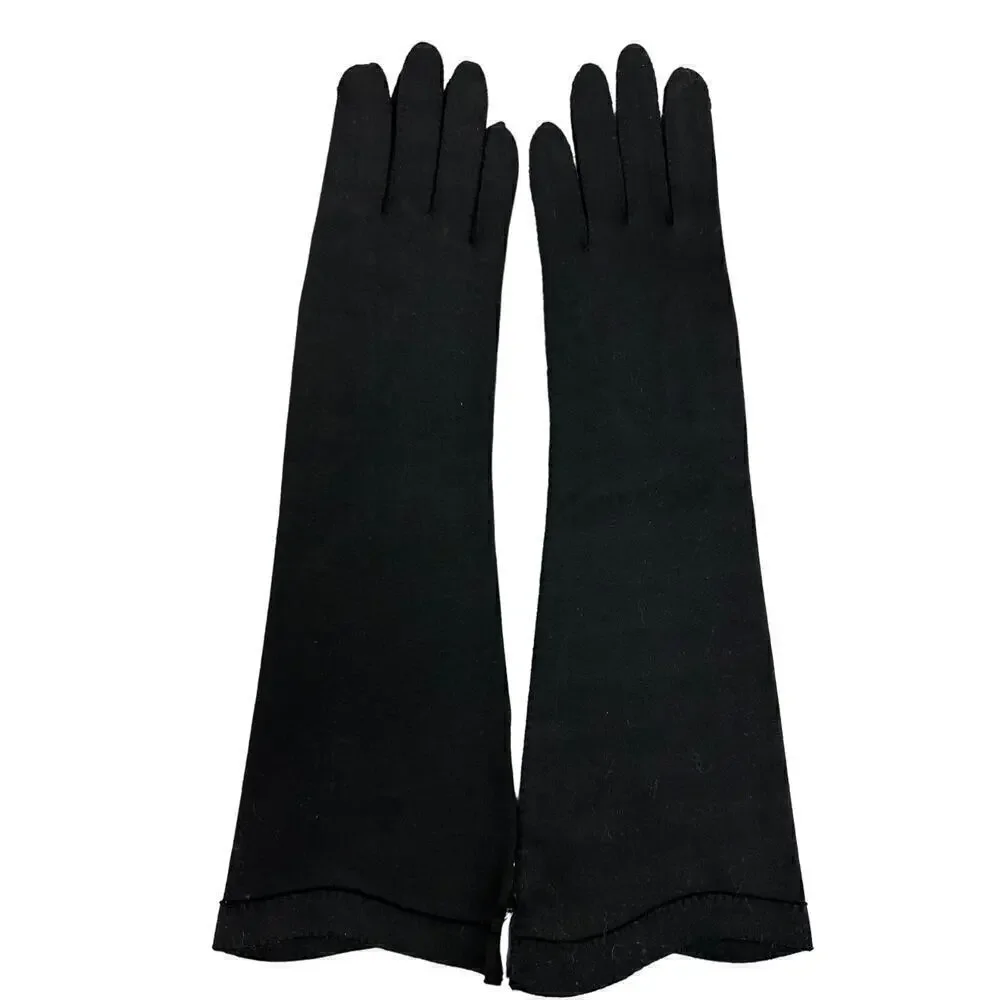 VTG NOS Van Raalte Black Ladies Cotton Gloves 1950s Sz 7 Almost Elbow Length